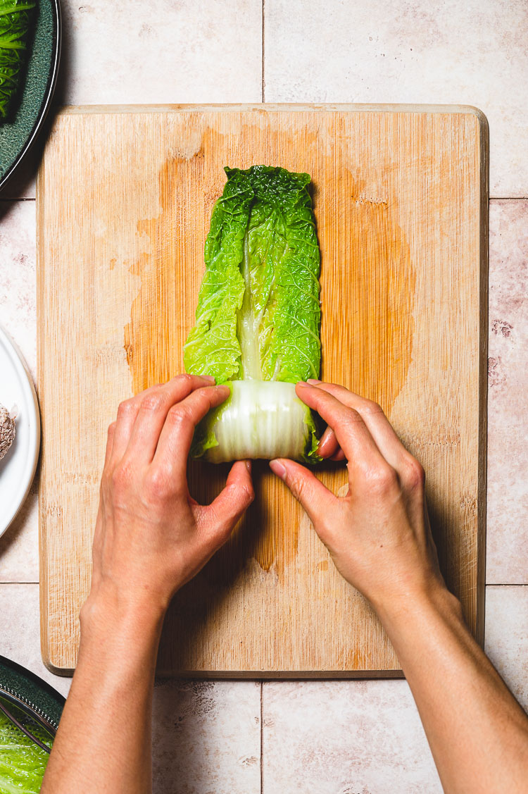 cabbage roll rolling process: filling being rolled up