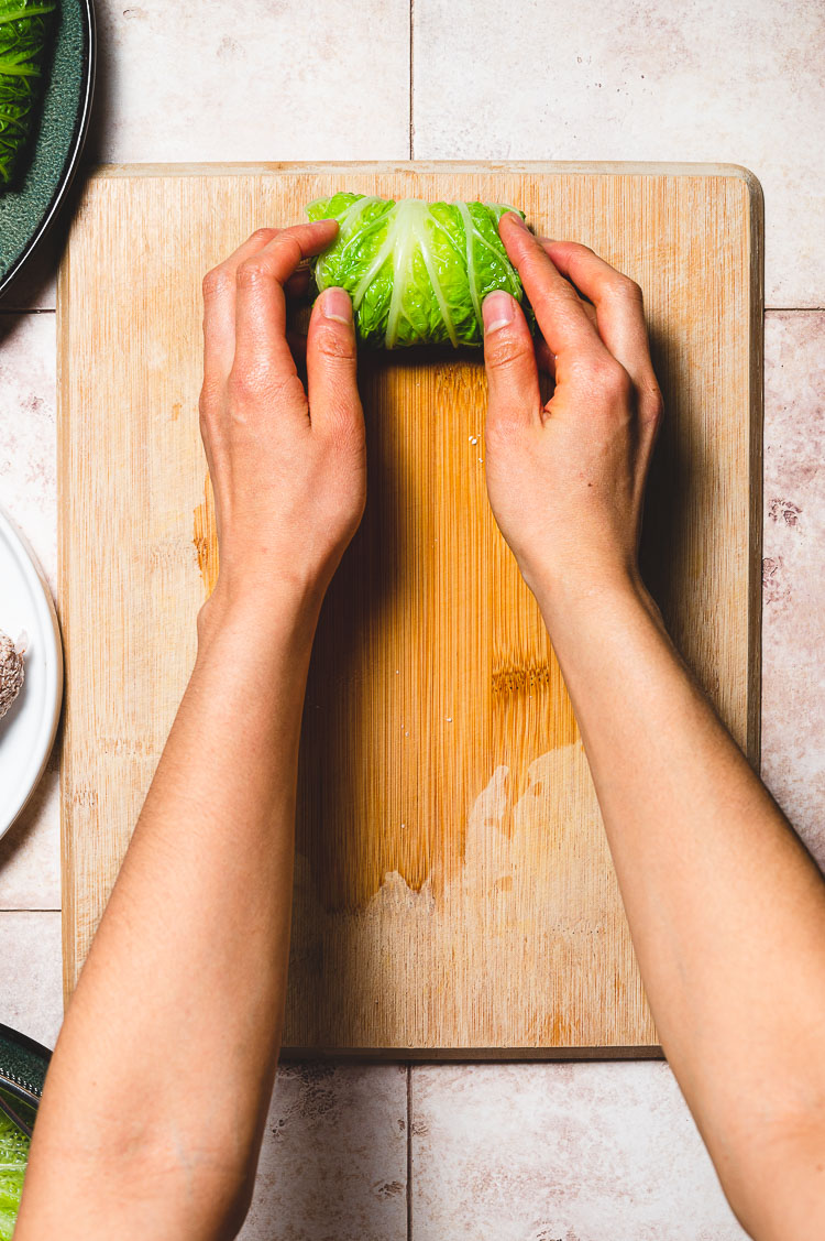 cabbage roll rolling process: rolled up cabbage roll