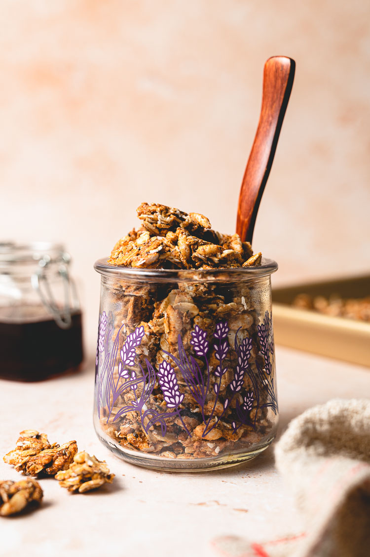 vegan maple granola in a jar