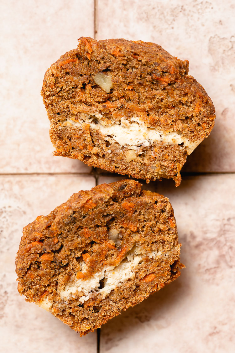 close up of vegan carrot cake banana muffin cut in half