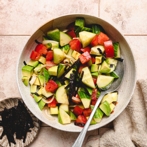 overhead shot of cucumber ponzu salad in a bowl