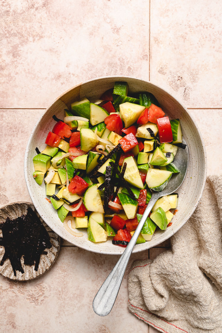 overhead shot of cucumber ponzu salad in a bowl