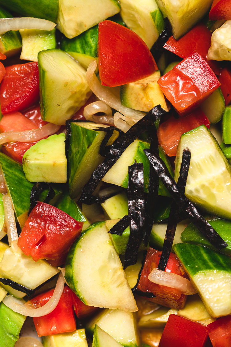 close up overhead shot of cucumber ponzu salad