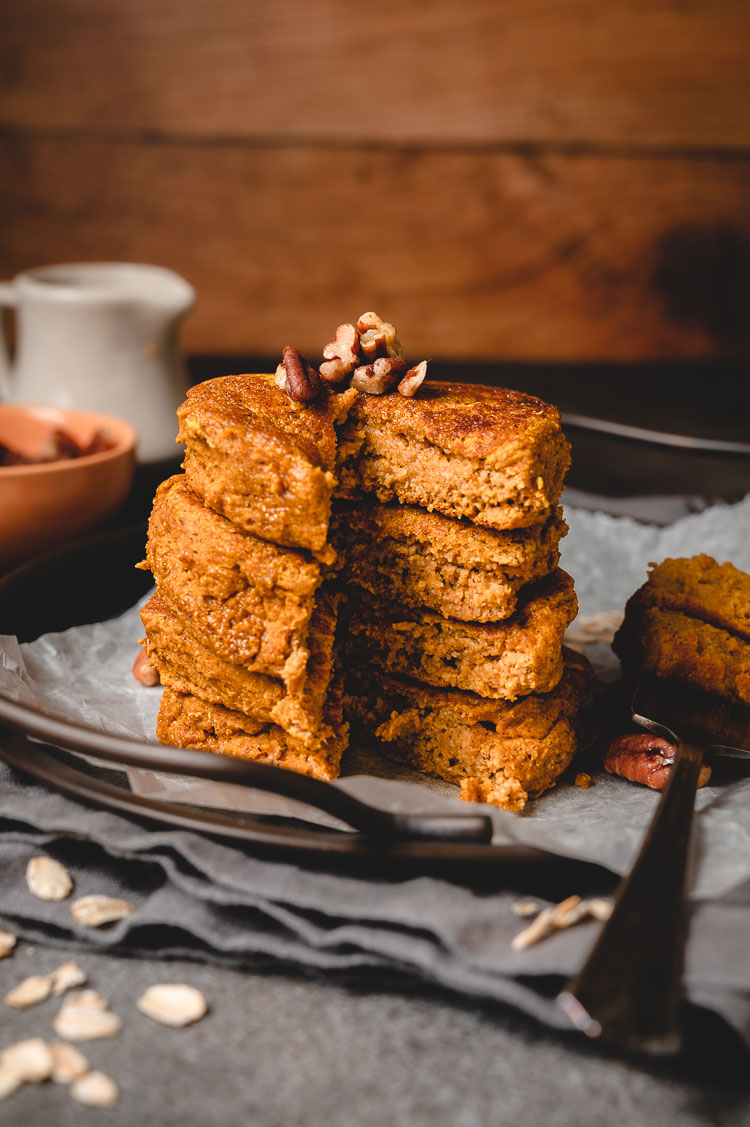 bite cut out of vegan pumpkin pancake stack