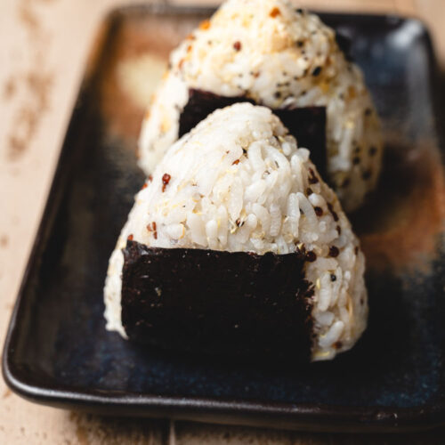 vegan tuna mayo onigiri on a plate