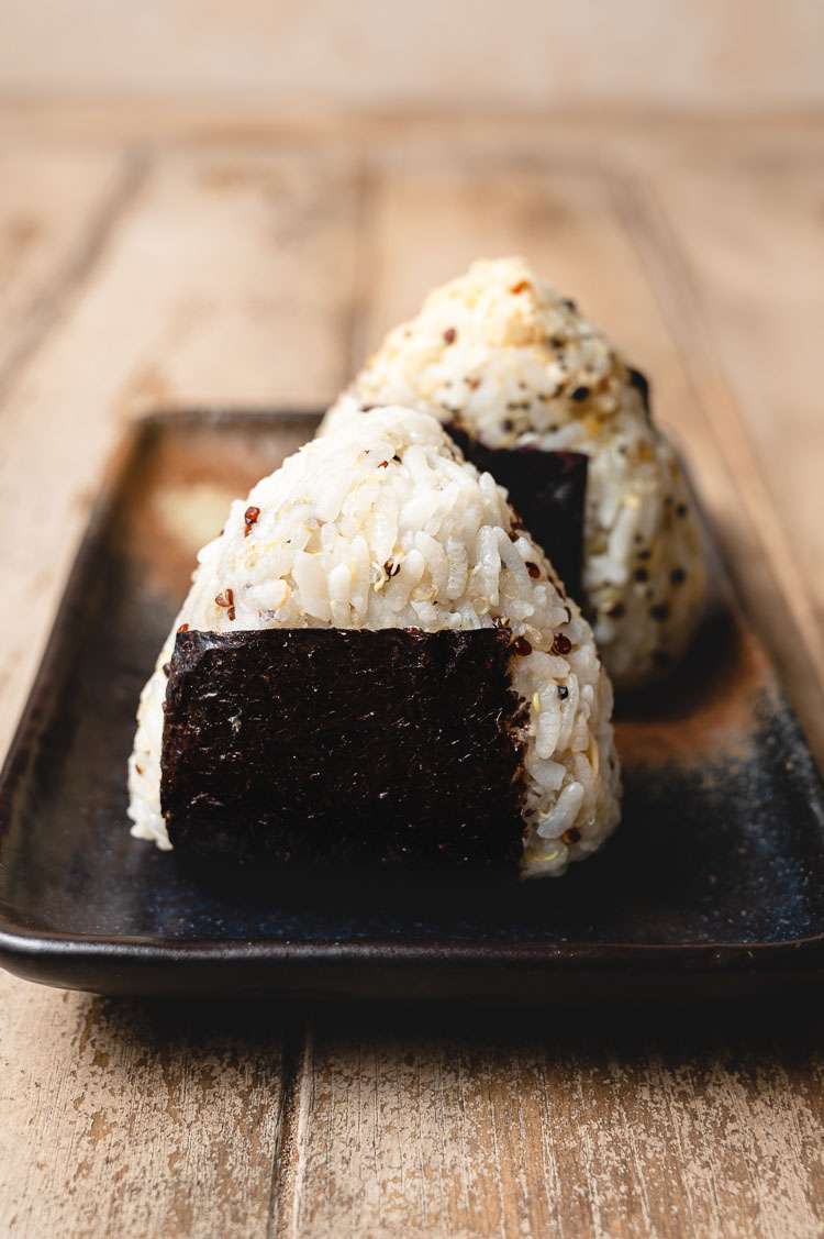 vegan tuna mayo onigiri on a plate