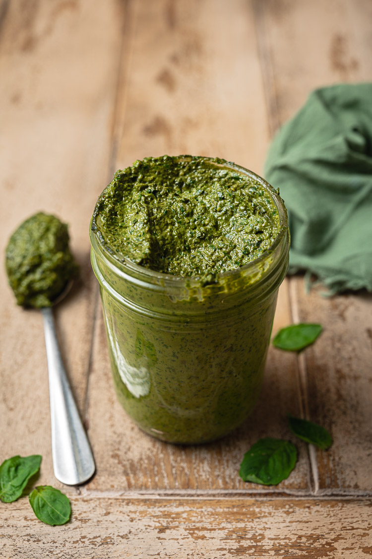 homemade vegan pesto in a jar