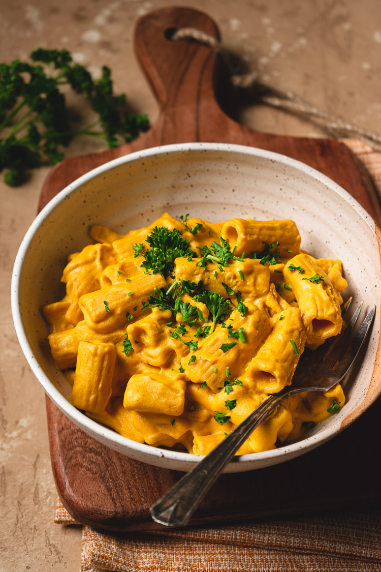 white bean mac and cheese in a bowl