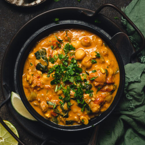 overhead shot of a bowl of vegan chickpea peanut curry