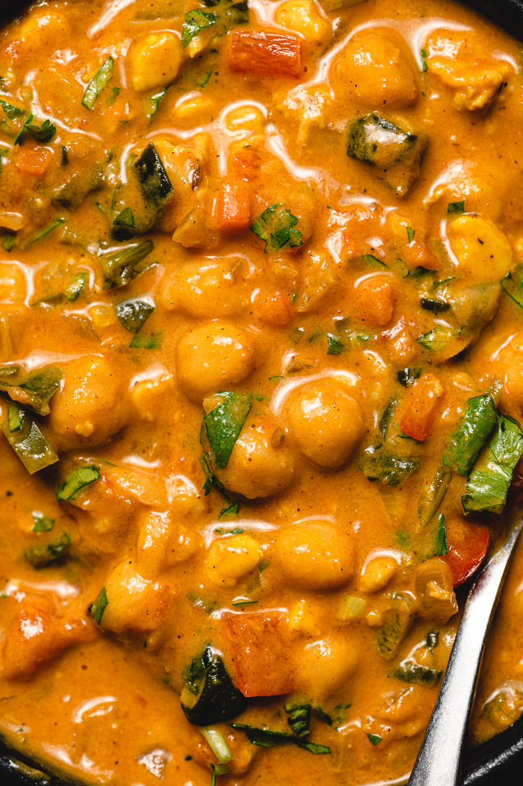 close up macro shot of chickpea peanut curry