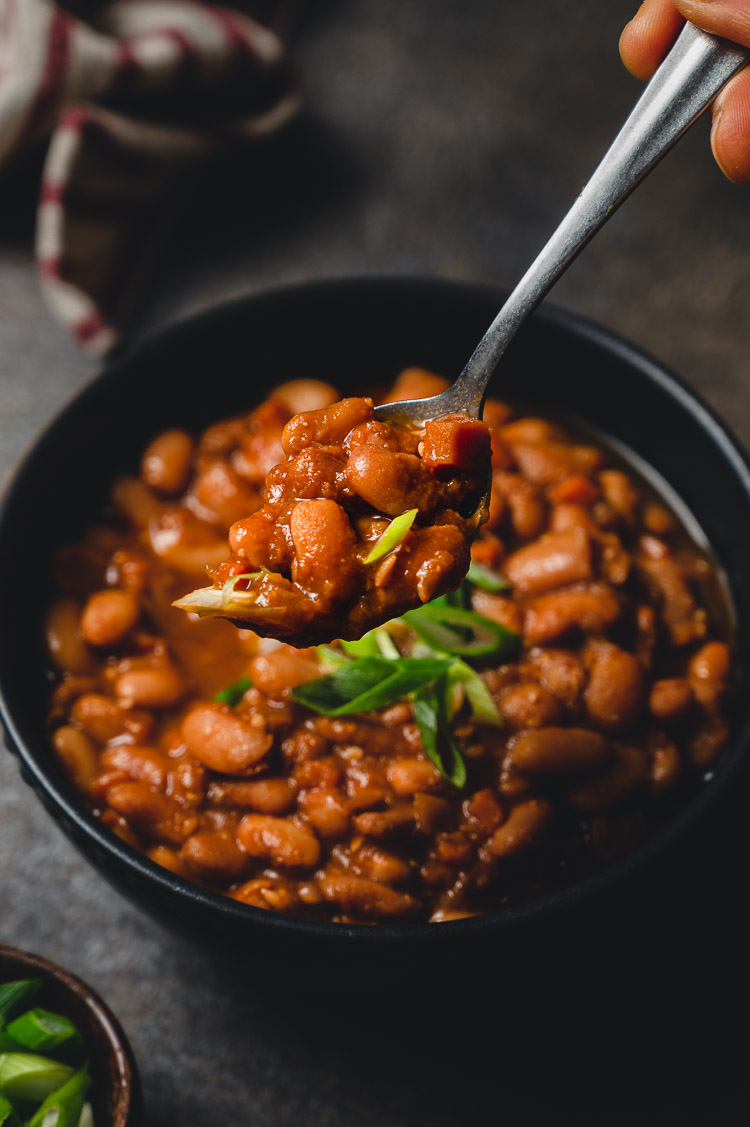 spoonful of vegan baked beans
