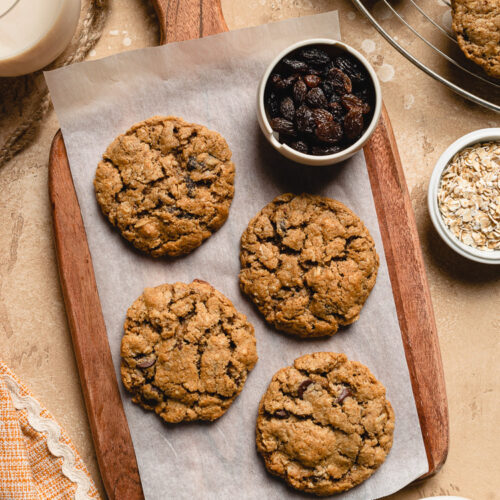 vegan oatmeal raisin cookies on serving board