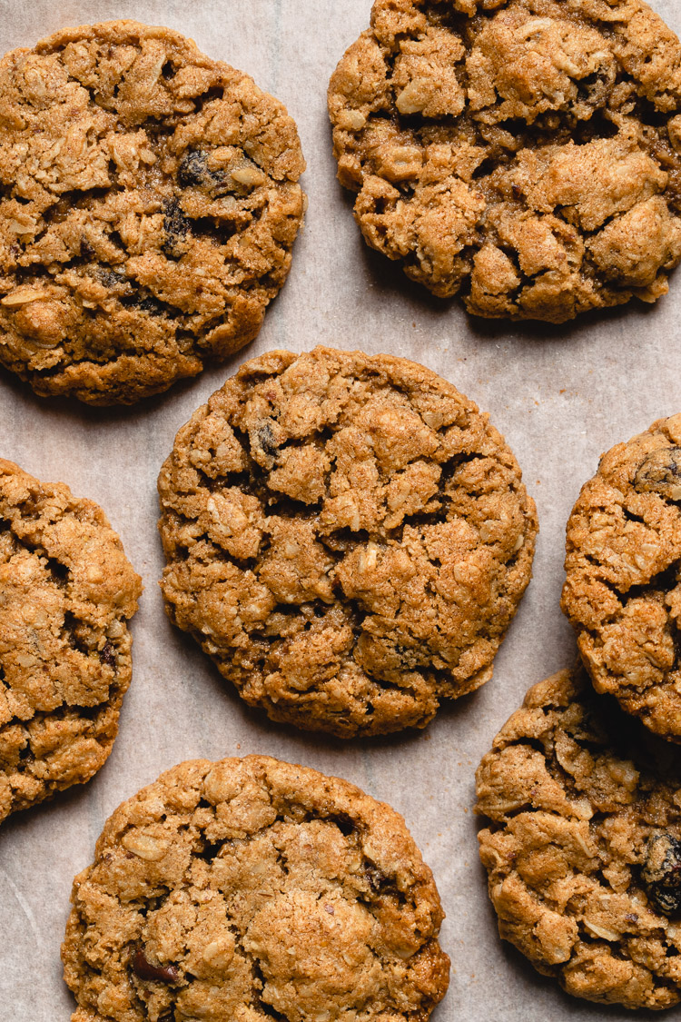 close up oatmeal raisin cookies overhead shot