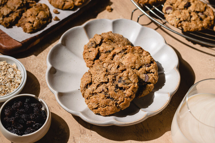 vegan oatmeal raisin cookies on a plate