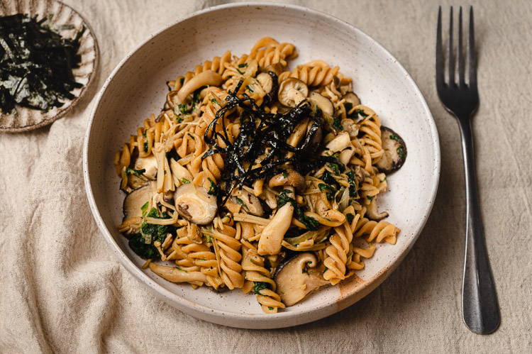 mushroom pasta in a bowl