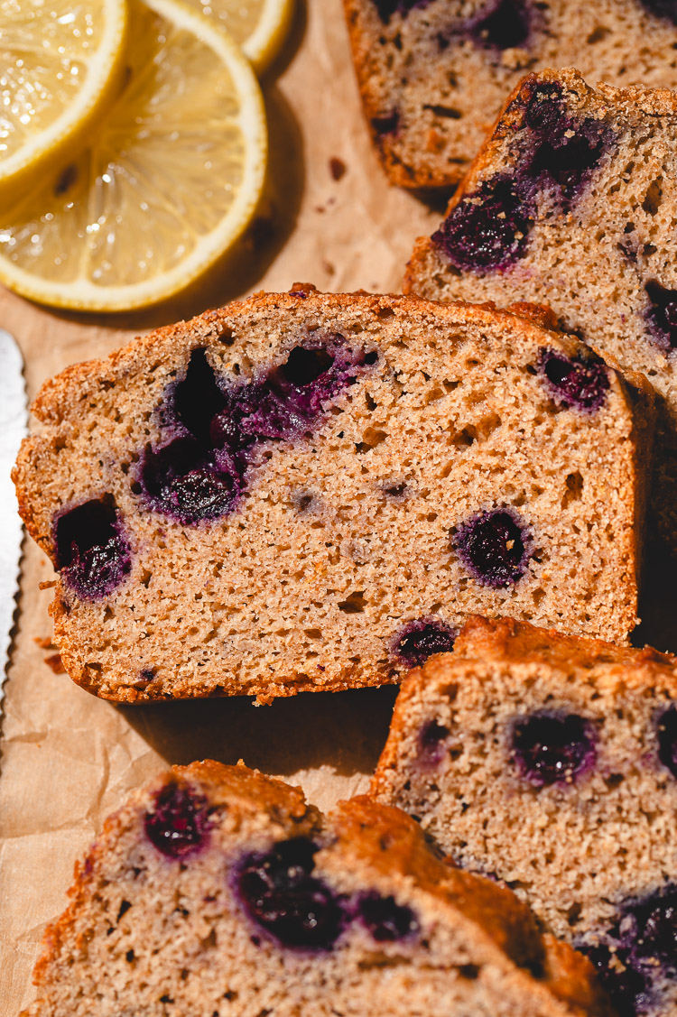 blueberry lemon okara bread close up