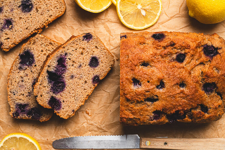 blueberry lemon okara bread cut into slices