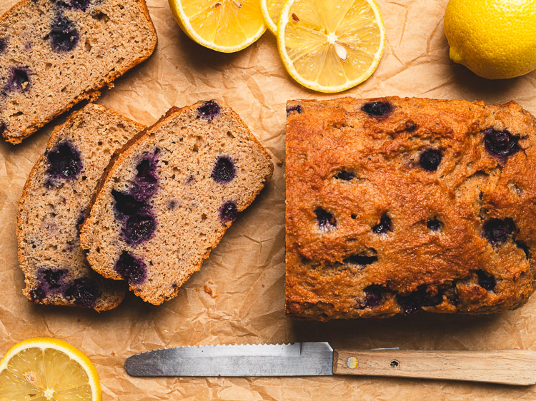 blueberry lemon okara bread cut into slices