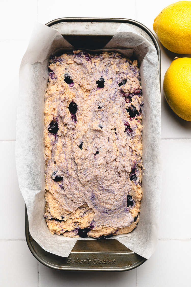 okara bread batter in loaf pan before baking