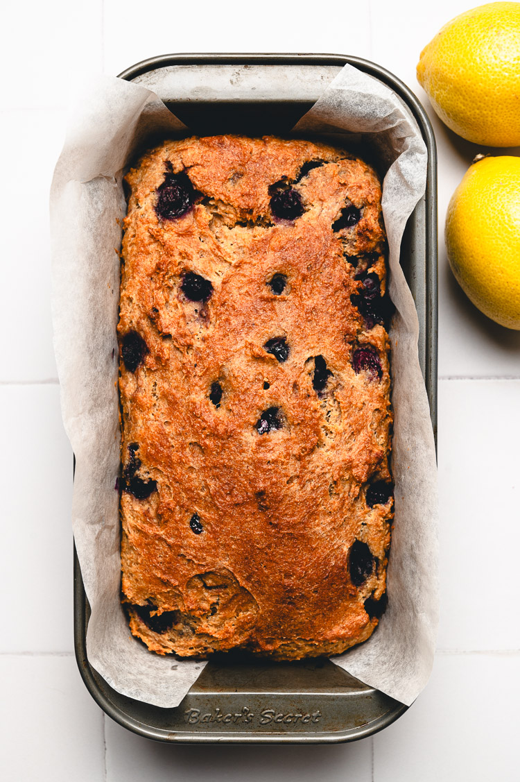 okara bread in loaf pan after baking