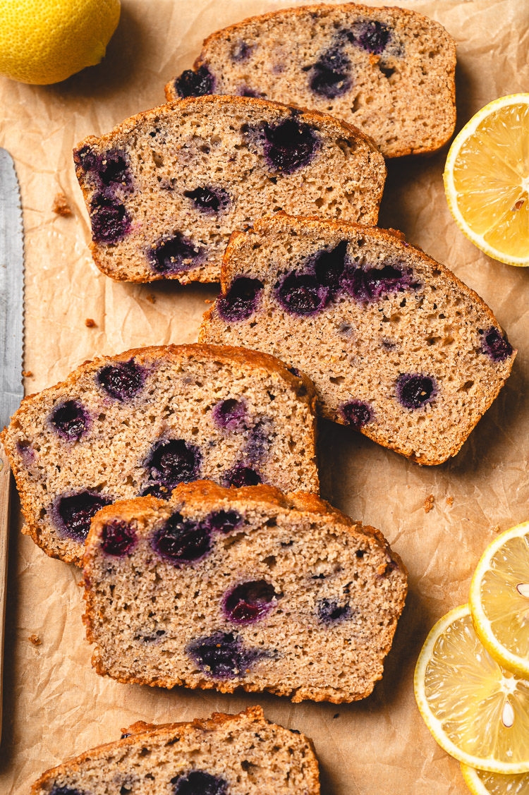 slices of blueberry okara bread on parchment paper