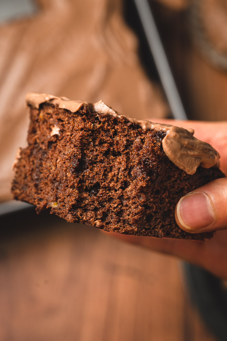 close up piece of chocolate banana snack cake with a bite taken out of it