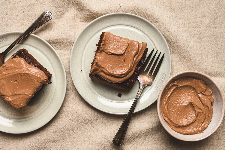 chocolate banana snack cake pieces on plates