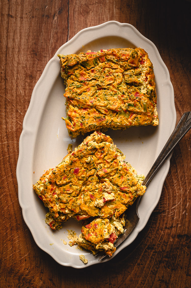 tofu frittata pieces on a plate with fork