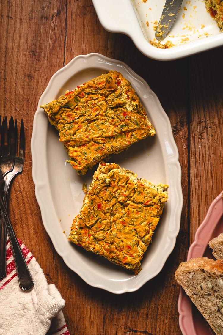squares of tofu frittata on a serving plate