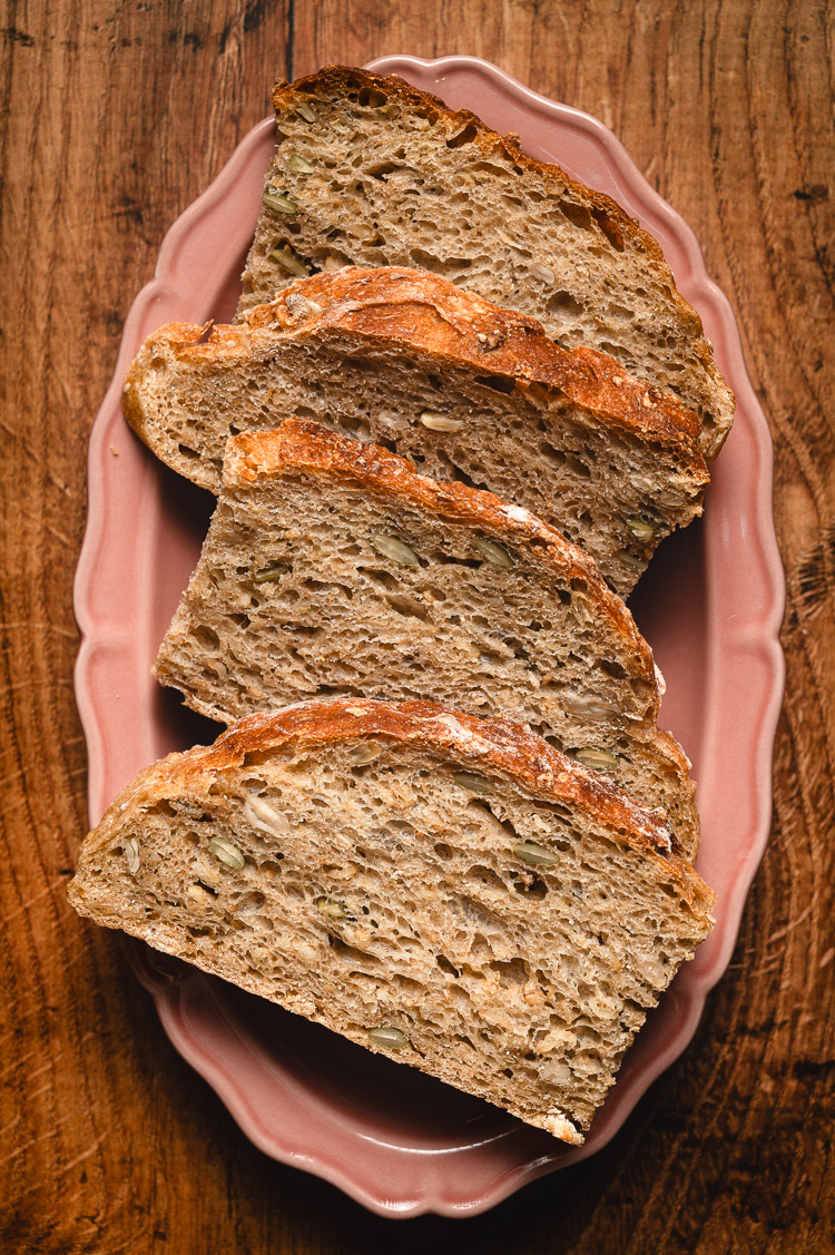 no knead bread slices on a plate