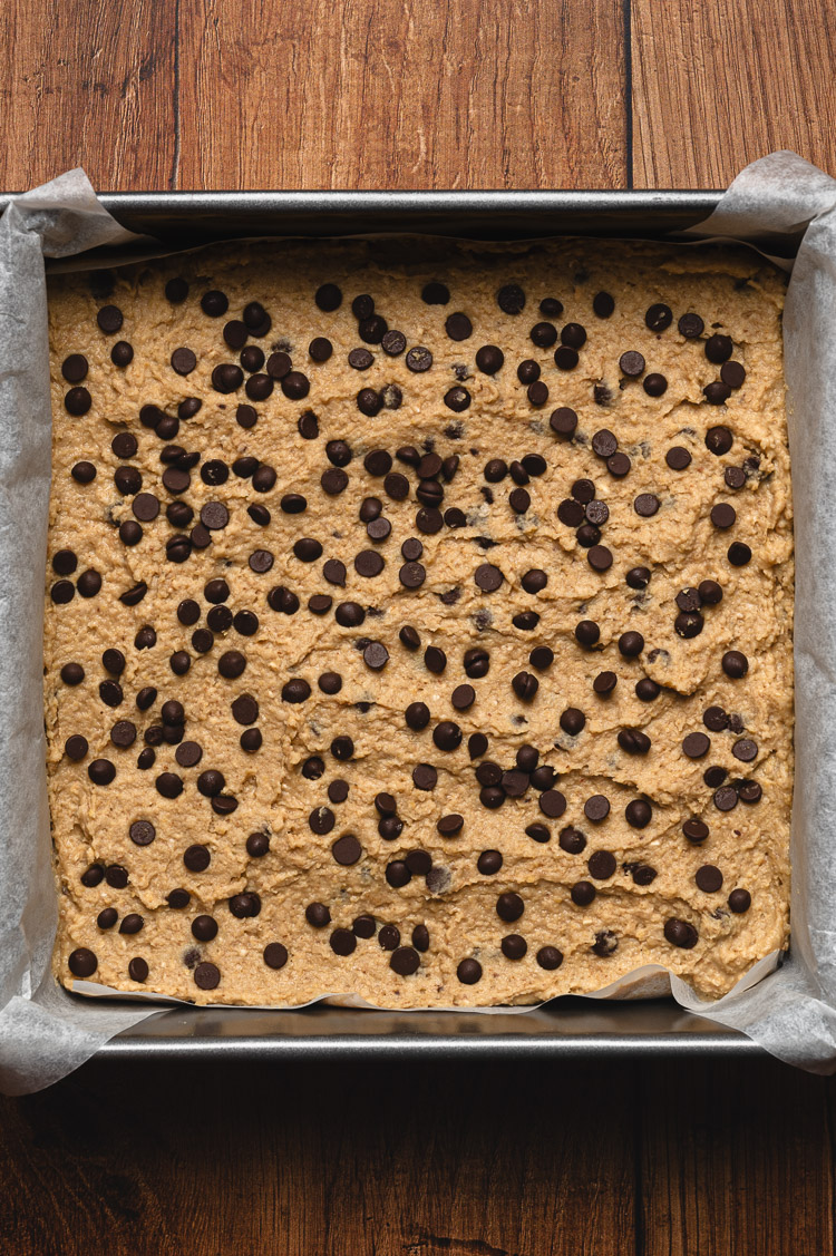 chickpea blondie batter in pan before baking