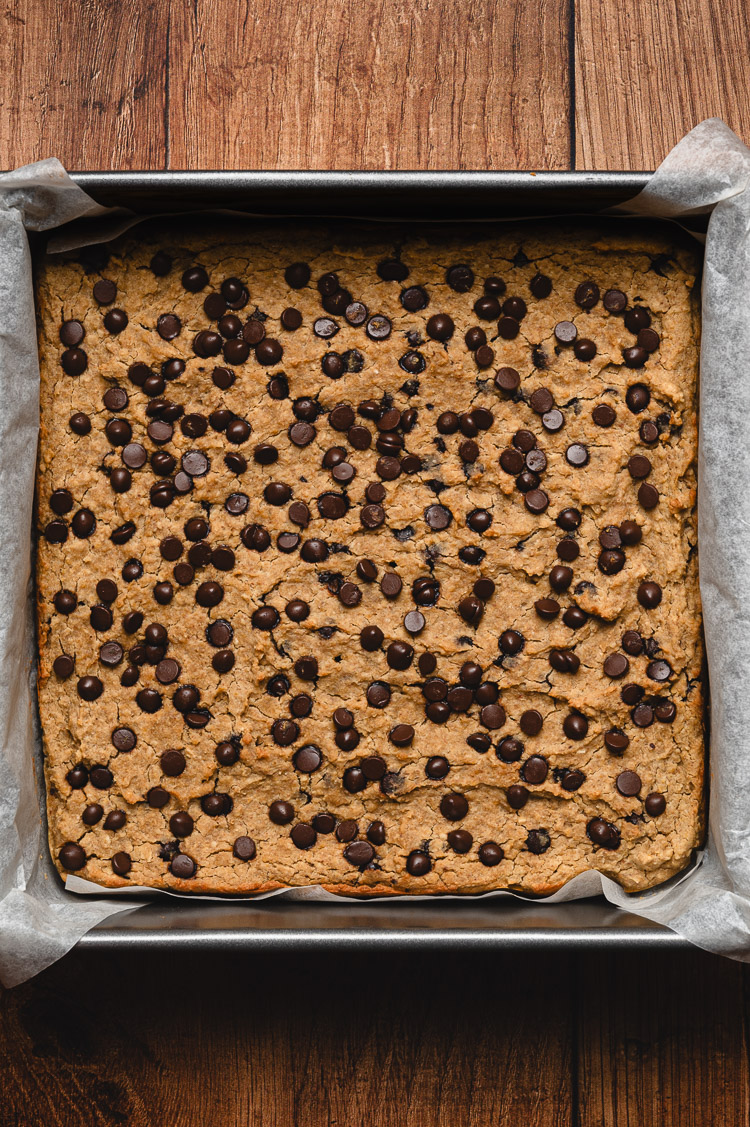 chickpea blondies in pan after baking