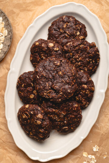 stack of chocolate oatmeal cookies on a platter