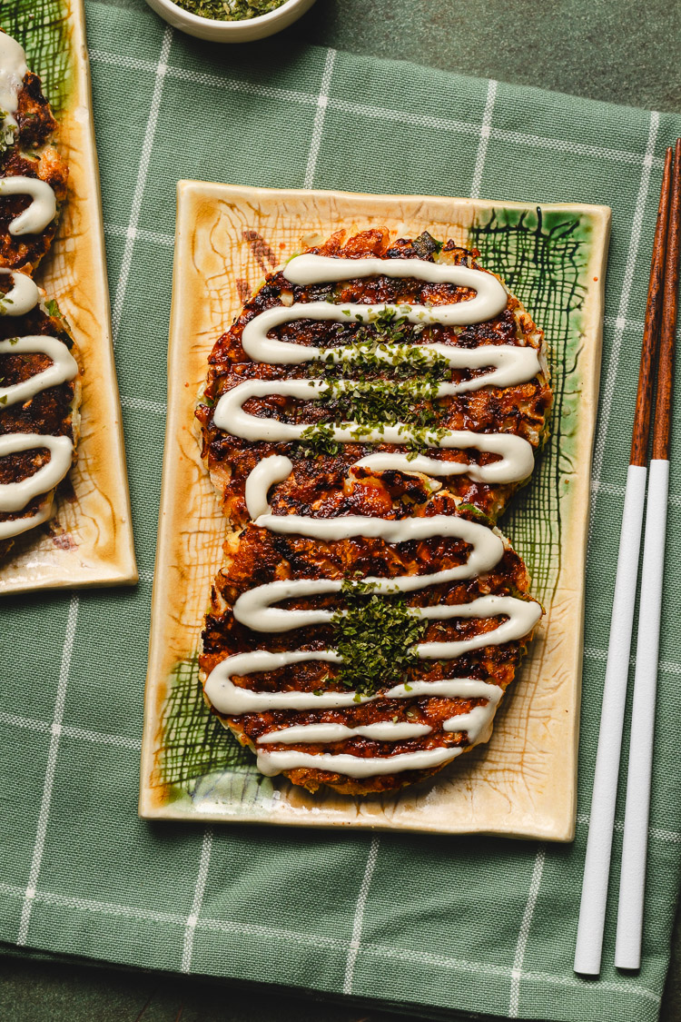 vegan okonomiyaki on plates