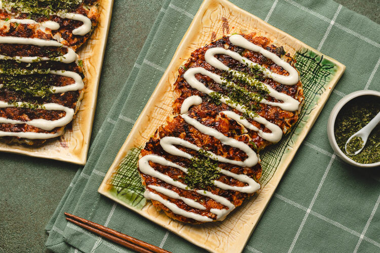 vegan okonomiyaki on plates