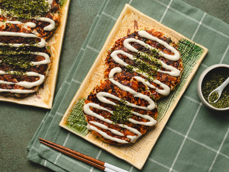 vegan okonomiyaki on plates