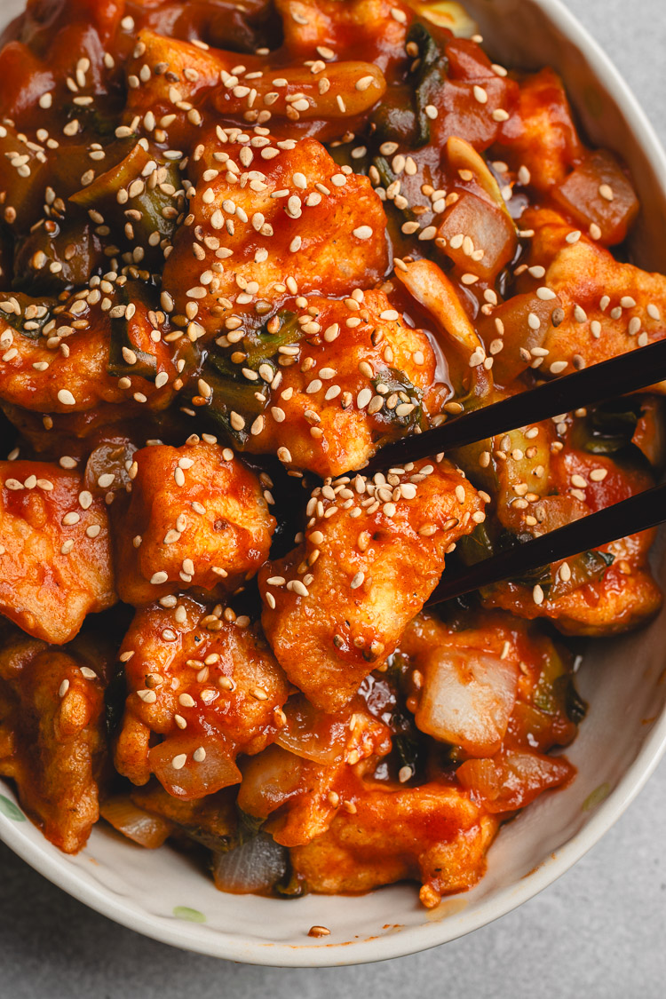 plant-based whole30 sweet and sour tofu close up