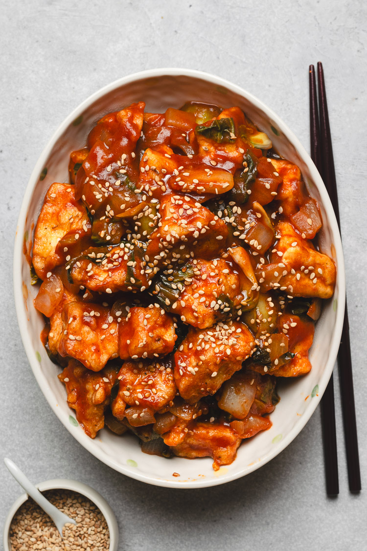 overhead view of a bowl of sweet and sour tofu