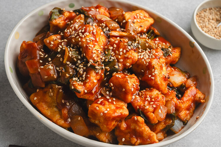 sweet and sour tofu in serving bowl