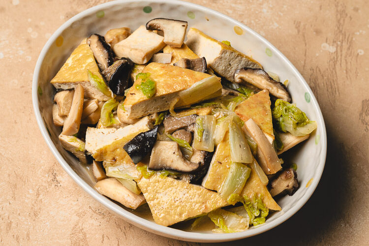 miso braised tofu in a serving dish