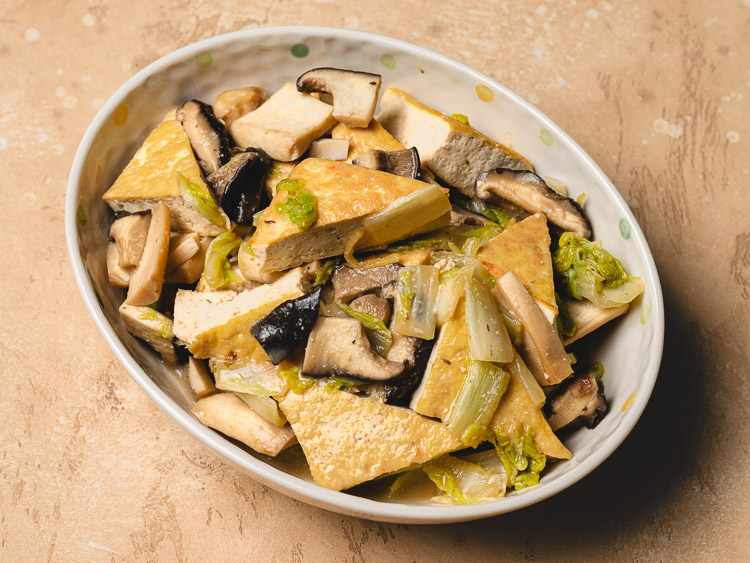 miso braised tofu in a serving dish