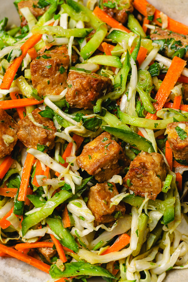 peanut tempeh salad close up