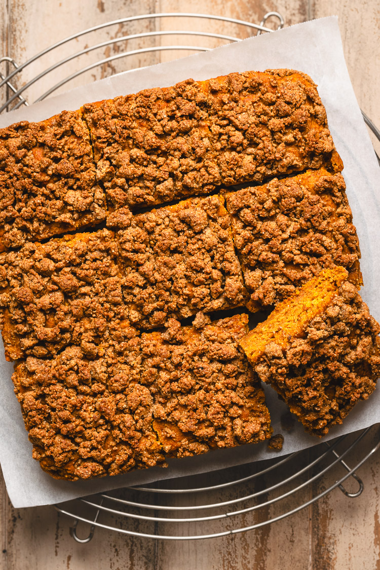 vegan pumpkin coffee cake cut into squares