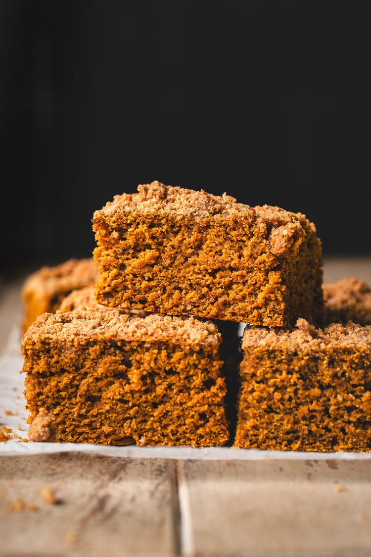 vegan pumpkin coffee cake slices stacked