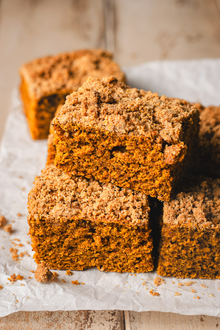 stack of vegan gluten free pumpkin coffee cake slices