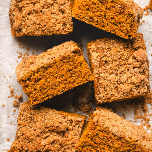 pumpkin coffee cake slices on parchment paper