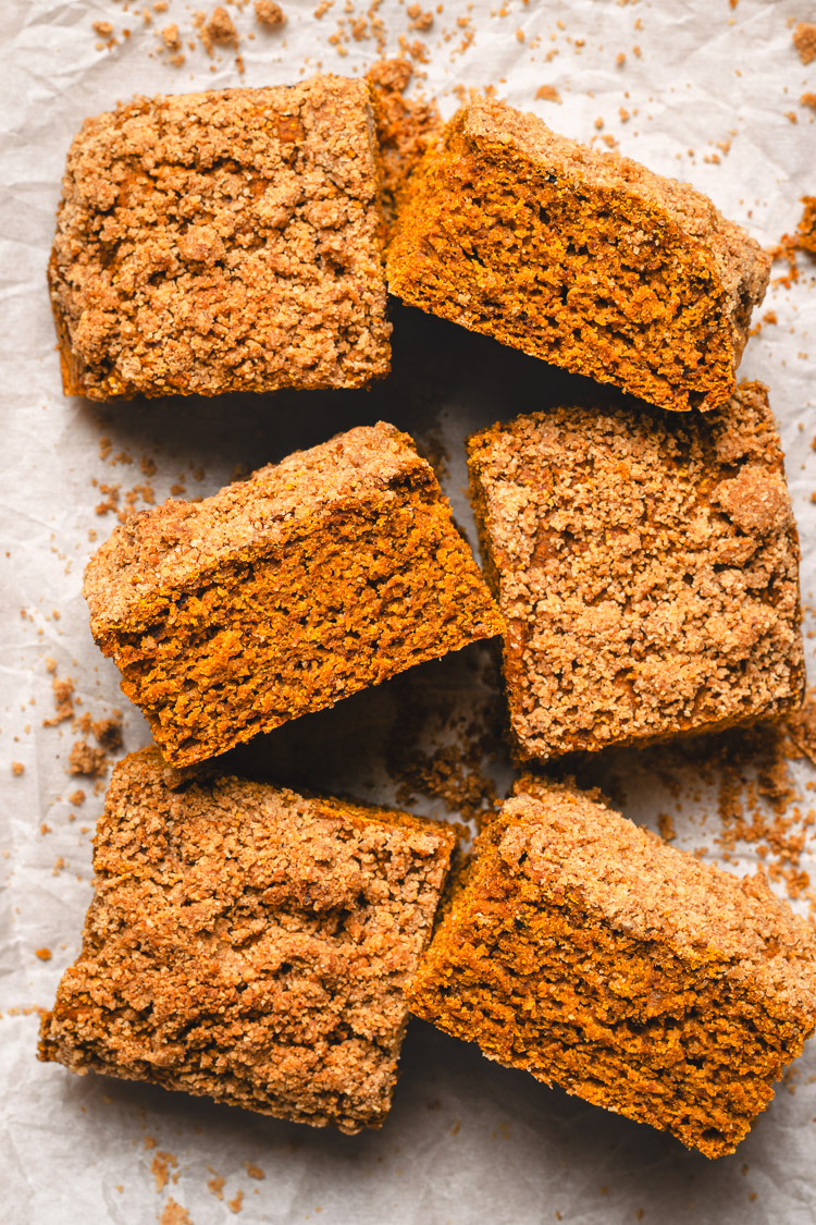 pumpkin coffee cake slices on parchment paper