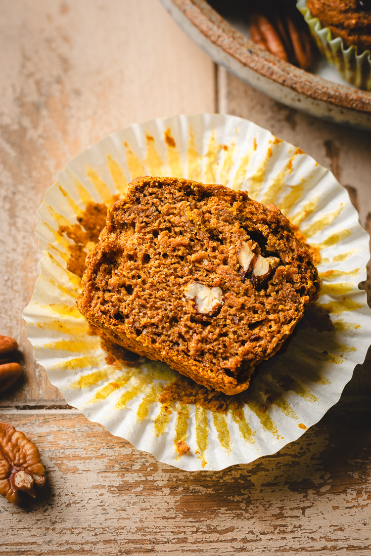 vegan pumpkin muffin cut in half