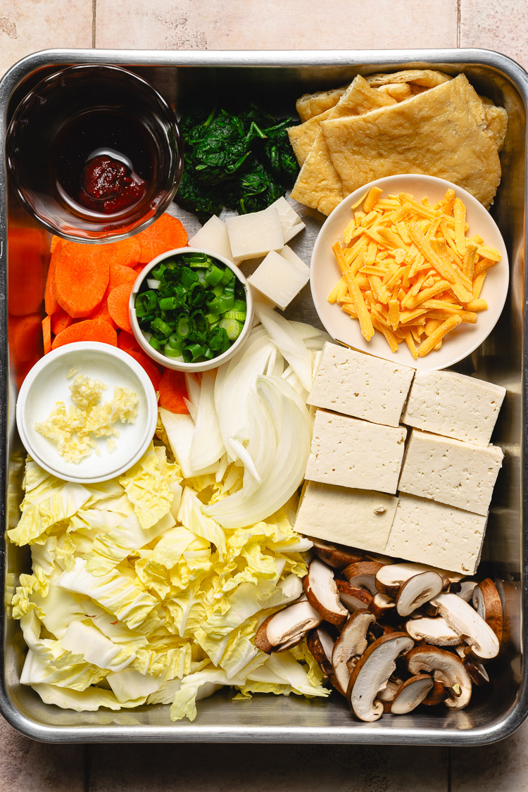 ingredients for spicy mochi kinchaku stew