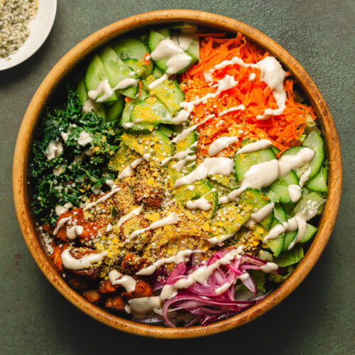 vegan kale caesar salad in bowl